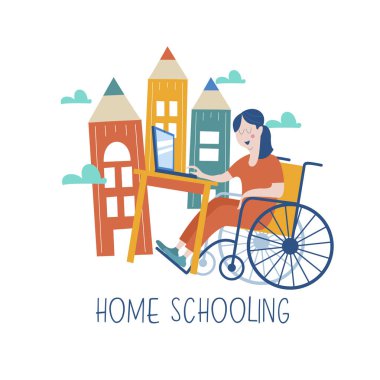 Evde eğitim. Bir özürlü tekerlekli sandalyede eğitimini evde alır kızdır. Online öğrenme. Vektör çizim. Homeschoolin kavramı