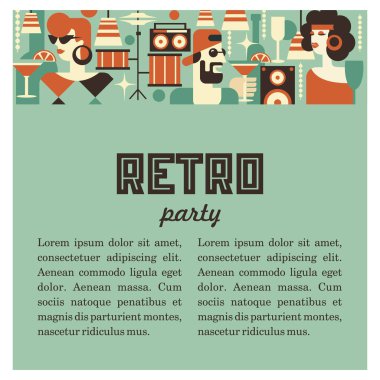 Retro parti. Kadın ve erkek 70-80 yıl tarzında zarif şekilde giyinmiş. İçecekler, Gözlük, vinil kayıtlar. Bar sahnesinde. Poster 70-80 yıl tarzında. Retro tarzı resimde vektör.