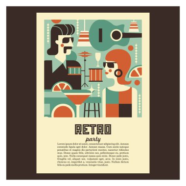 Retro parti. Kadın ve erkek 70-80 yıl tarzında zarif şekilde giyinmiş. İçecekler, Gözlük, vinil kayıtlar. Bar sahnesinde. Poster 70-80 yıl tarzında. Retro tarzı resimde vektör.