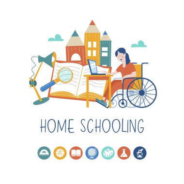 Evde eğitim. Bir özürlü tekerlekli sandalyede eğitimini evde alır kızdır. Online öğrenme. Vektör çizim. Homeschoolin kavramı