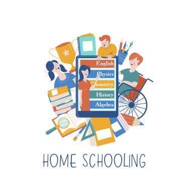 Ev okul büyük bir aile. Bir tekerlekli sandalye-Engelli Çocuk evde eğitim. Online öğrenme. Vektör çizim. Evde eğitim kavramı.