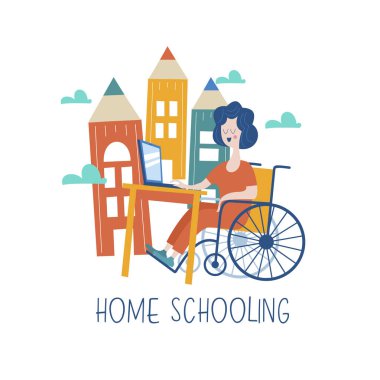 Evde eğitim. Bir özürlü tekerlekli sandalyede eğitimini evde alır kızdır. Online öğrenme. Vektör çizim. Homeschoolin kavramı
