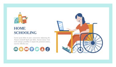 Evde eğitim. Bir özürlü tekerlekli sandalyede eğitimini evde alır kızdır. Açılış sayfası şablonu. Online öğrenme. Vektör çizim. Homeschoolin kavramı