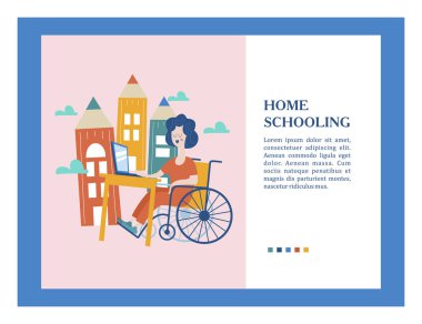 Evde eğitim. Bir özürlü tekerlekli sandalyede eğitimini evde alır kızdır. Online öğrenme. Vektör çizim. Homeschoolin kavramı