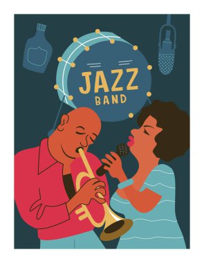 Poster Müzik Festivali, 70's, 80 's tarzı retro parti. Caz parti. Afro müzisyeni, trompet çalıyor. Afro kadının şarkı. Vektör çizim.