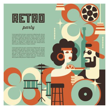 Retro parti. Kadın ve erkek 70-80 yıl tarzında zarif şekilde giyinmiş. İçecekler, Gözlük, vinil kayıtlar. Bar sahnesinde. Poster 70-80 yıl tarzında. Retro tarzı resimde vektör.