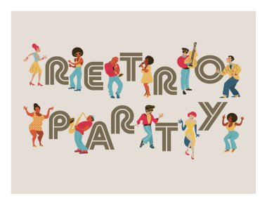 Retro parti. Vektör poster. Retro tarzı resimde. Müzik ve dans retro tarzı. Caz müzisyenleri, şarkıcılar ve dansçılar. Retro parti için poster retro Festivali.