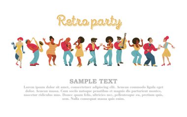Retro parti. Vektör poster. Retro tarzı resimde. Müzik ve dans retro tarzı. Caz müzisyenleri, şarkıcılar ve dansçılar. Retro parti için poster retro Festivali.