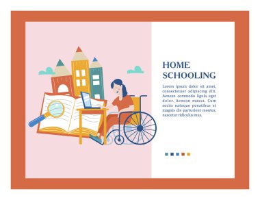 Evde eğitim. Bir özürlü tekerlekli sandalyede eğitimini evde alır kızdır. Online öğrenme. Vektör çizim. Homeschoolin kavramı