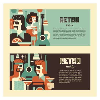 Retro parti. Kadın ve erkek 70-80 yıl tarzında zarif şekilde giyinmiş. İçecekler, Gözlük, vinil kayıtlar. Bar sahnesinde. Poster 70-80 yıl tarzında. Retro tarzı resimde vektör.
