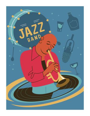 Poster Müzik Festivali, 70's, 80 's tarzı retro parti. Müzisyen trompet çalıyor. Caz müzik. Vektör çizim.