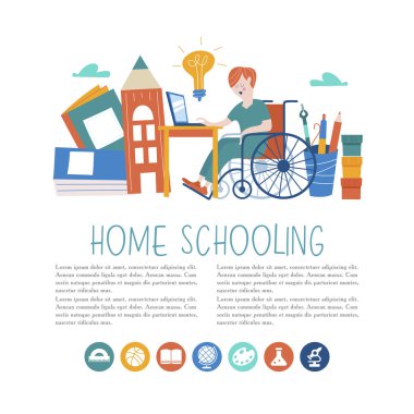 Evde eğitim. Bir özürlü tekerlekli sandalyede eğitimini evde alır çocuktur. Online öğrenme. Vektör çizim. Homeschoolinn kavramı.