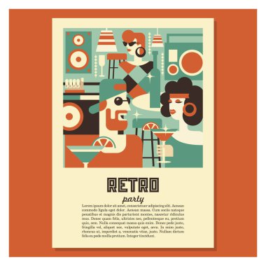 Retro parti. Kadın ve erkek 70-80 yıl tarzında zarif şekilde giyinmiş. İçecekler, Gözlük, vinil kayıtlar. Bar sahnesinde. Poster 70-80 yıl tarzında. Retro tarzı resimde vektör.
