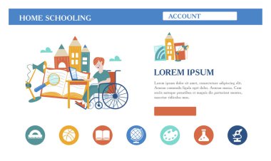 Evde eğitim. Bir özürlü tekerlekli sandalyede eğitimini evde alır çocuktur. Online öğrenme. Vektör çizim. Açılış sayfası şablonu. Homeschoolinn kavramı.