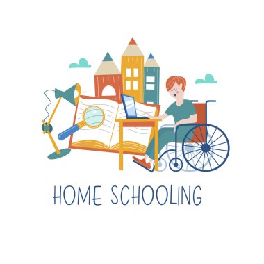 Evde eğitim. Bir özürlü tekerlekli sandalyede eğitimini evde alır çocuktur. Online öğrenme. Vektör çizim. Homeschoolinn kavramı.
