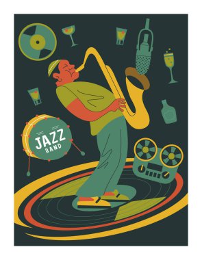 Poster Müzik Festivali, 70's, 80 's tarzı retro parti. Vektör çizim. Afro müzisyen saksofoncu. Caz müzik.