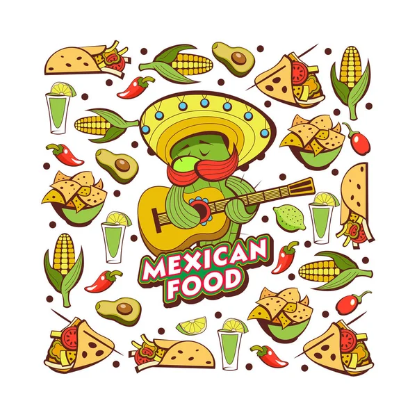 一套受欢迎的墨西哥快餐菜肴 有趣的仙人掌在索姆布雷罗弹吉他 传染媒介例证在动画片样式 — 图库矢量图片