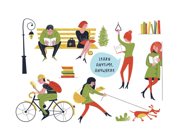 Learn anytime anywhere. Vector illustration. A set of vector characters, men and women who read books and textbooks in different places. In the Park, walking the dog, Cycling, public transport people are reading and learning.