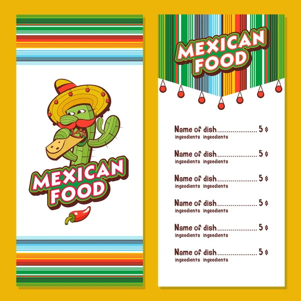Набор Популярных Мексиканских Блюд Быстрого Питания Забавный Кактус Сомбреро Поедающий — стоковый вектор