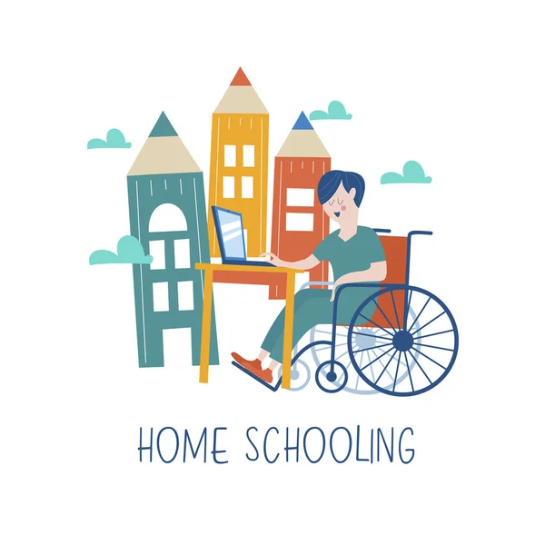 휠체어에 장애인 가정에서 교육을 가져옵니다 온라인 일러스트입니다 Homeschoolinn의 — 스톡 벡터