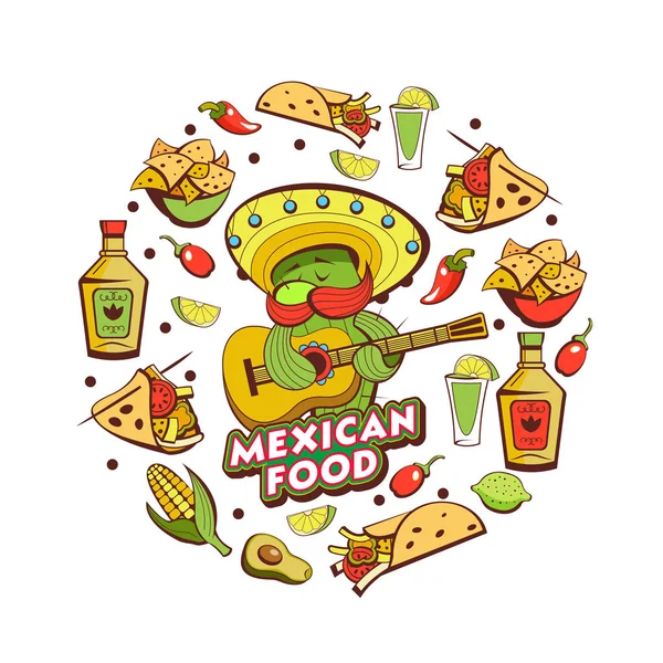 Sæt Populære Mexicanske Fastfood Retter Sjove Kaktus Sombrero Spiller Guitar – Stock-vektor