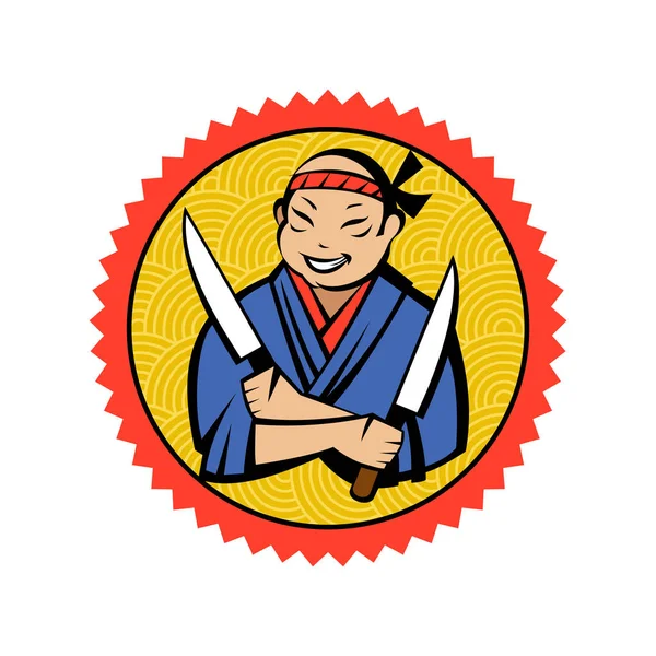 Японський Шеф Кухар Кімоно Двома Ножами Векторний Логотип Японського Ресторану — стоковий вектор
