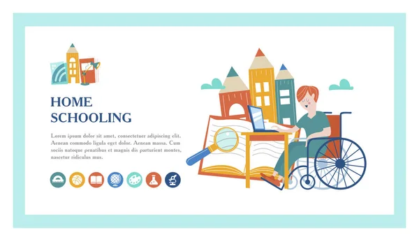 Strona Szkoły Chłopiec Jest Osoba Niepełnosprawna Wózku Inwalidzkim Pobiera Naukę — Wektor stockowy