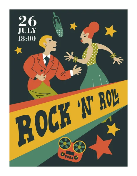 Poster Music Festival Retro Party Style Couple Dancing Rock Roll — Stock Vector