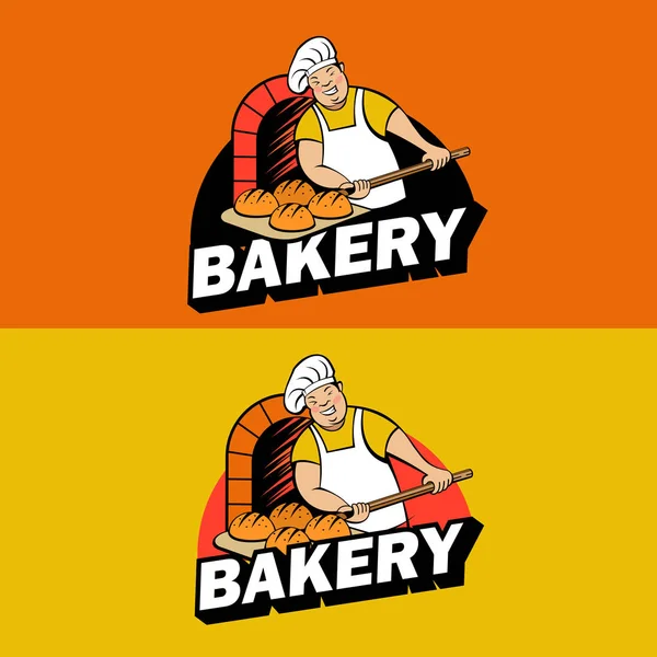 Милый Пекарь Работает Пекарне Пекарь Печет Хлеб Духовке Логотип Хлебобулочных — стоковый вектор