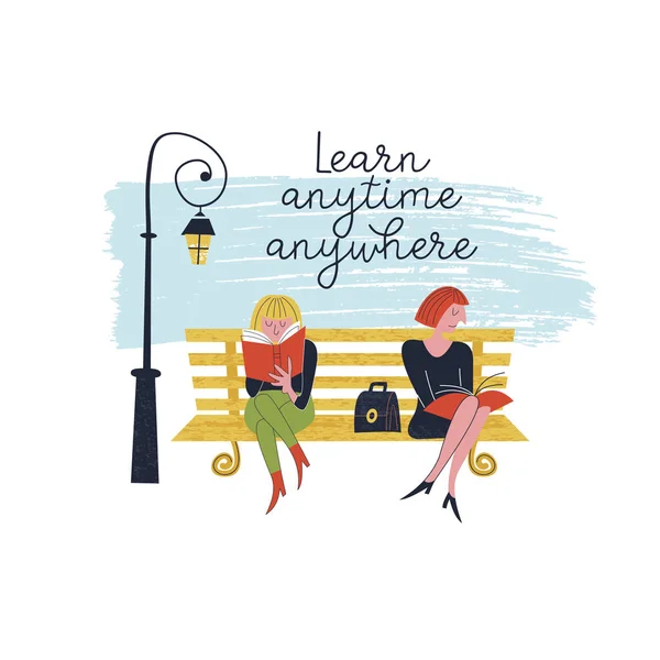 Учись Угодно Векторная Иллюстрация Две Девушки Сидят Скамейке Парке Читают — Бесплатное стоковое фото