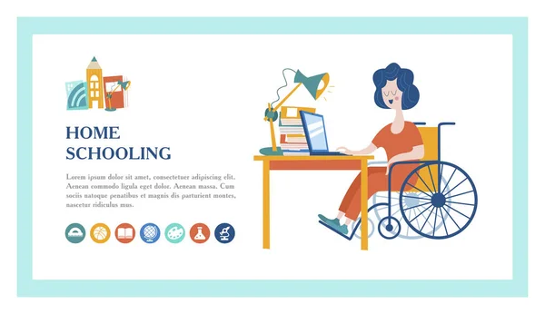 여자는 휠체어에 장애인 집에서 페이지의 템플릿입니다 온라인 일러스트입니다 Homeschoolin의 — 스톡 벡터