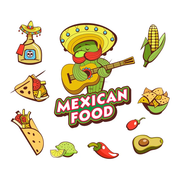 Set Popular Mexican Fast Food Dishes Funny Cactus Sombrero Playing — Stock Vector