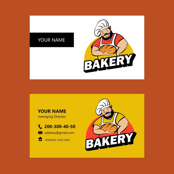 A cute Baker with a beard holds freshly baked bread. Bakery vector logo.
