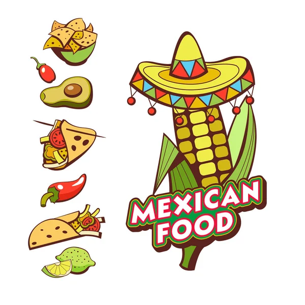 Maïs Dans Sombrero Nourriture Mexicaine Ensemble Plats Mexicains Populaires Fast — Image vectorielle