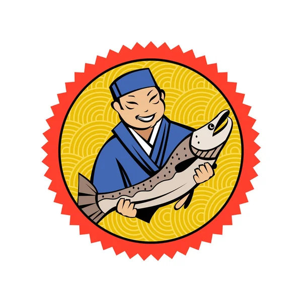 Японський Шеф Кухар Тримає Свіжу Рибу Векторний Логотип Японського Ресторану — стоковий вектор