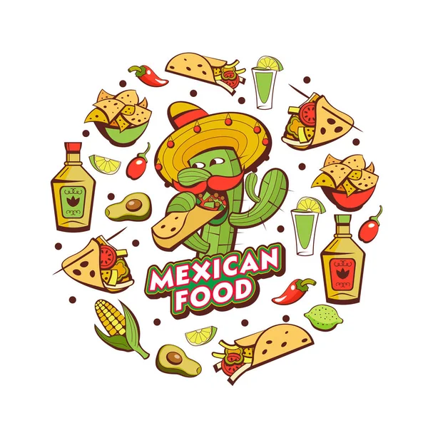 Set Popular Mexican Fast Food Dishes Funny Cactus Sombrero Eating — Stock Vector