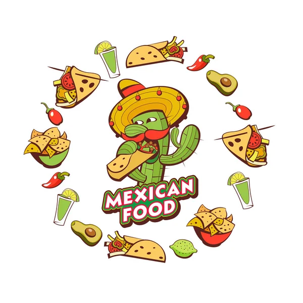Set Popular Mexican Fast Food Dishes Funny Cactus Sombrero Eating — Stock Vector