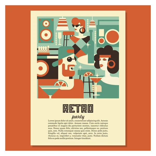 Retro parti. Kadın ve erkek 70-80 yıl tarzında zarif şekilde giyinmiş. İçecekler, Gözlük, vinil kayıtlar. Bar sahnesinde. Poster 70-80 yıl tarzında. Retro tarzı resimde vektör.