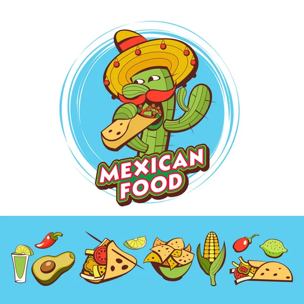 Μια Σειρά Από Δημοφιλή Μεξικάνικη Φαστ Φουντ Πιάτα Αστεία Κάκτων — Διανυσματικό Αρχείο