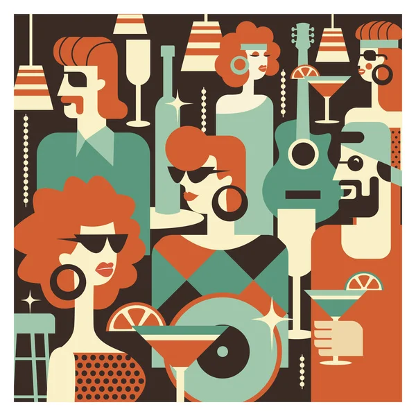 复古派对男人和女人时尚的穿着 乙烯基唱片 酒吧里的场景7 0年风格的海报 复古风格的矢量插图 — 免费的图库照片