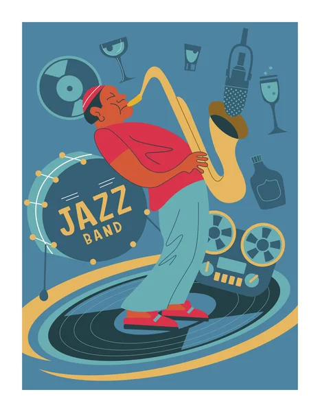 Poster Muziekfestival Retro Partij Stijl Van Vectorillustratie Afro Musicus Saxofonist — Stockvector