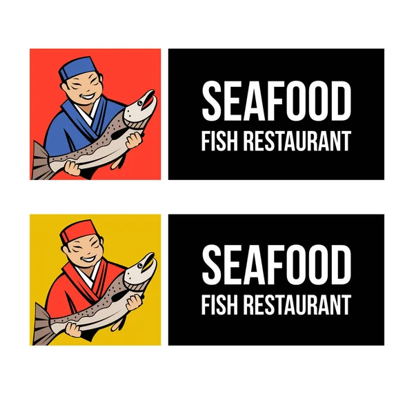 Chefe Japonês Segurando Peixe Fresco Logotipo Vetor Restaurante Japonês Produtos —  Vetores de Stock