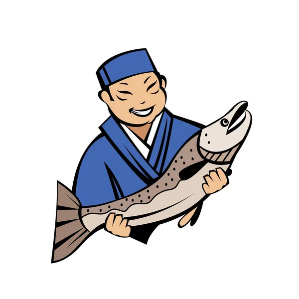 Japanese Chef Holding Fresh Fish Vector Logo Japanese Restaurant Fresh — Stock Vector