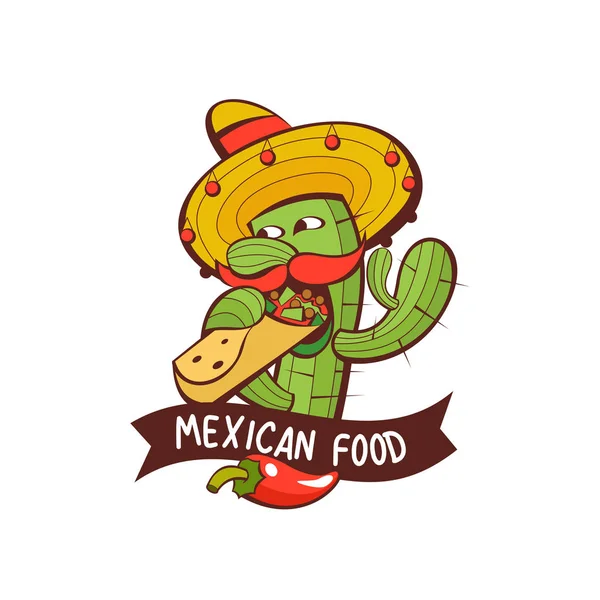 Conjunto Pratos Populares Mexicanos Fast Food Cacto Engraçado Sombrero Comer — Vetor de Stock