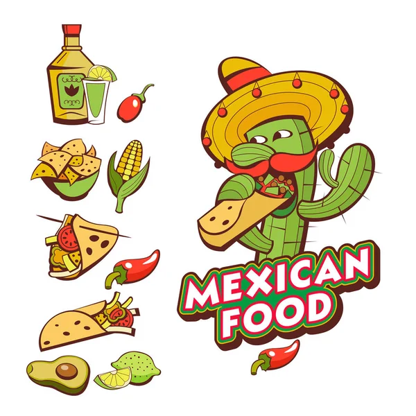 一套受欢迎的墨西哥快餐菜肴 有趣的仙人掌在 Sombrero 吃玉米煎饼 传染媒介例证在动画片样式 — 图库矢量图片