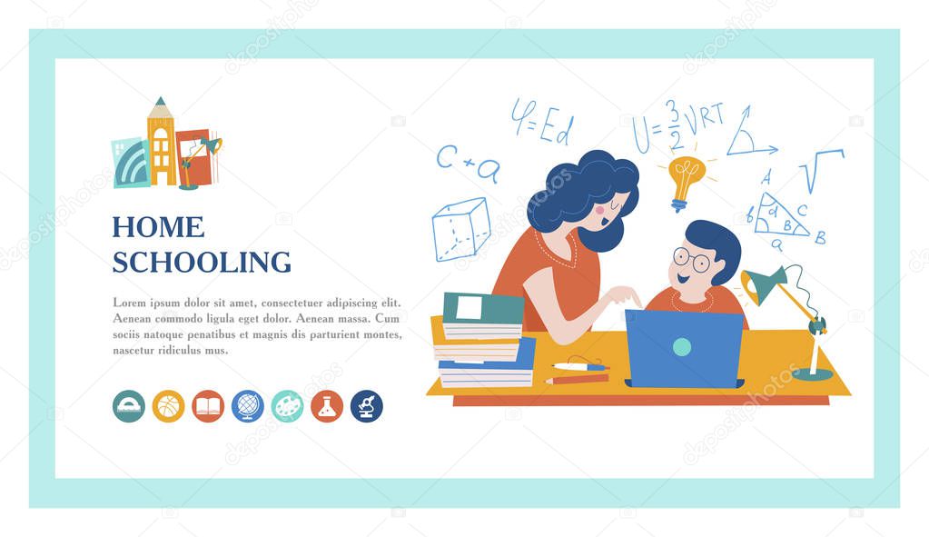 Home schooling. Mom helps the child learn. Education in comfortable conditions. The template of the landing page. Vector illustration in flat style. Set of vector icons.