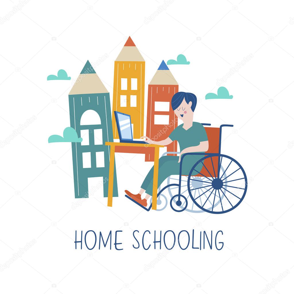 Home schooling. The boy is a disabled person in a wheelchair gets his education at home. Learning online. Vector illustration. The concept of homeschoolinn.