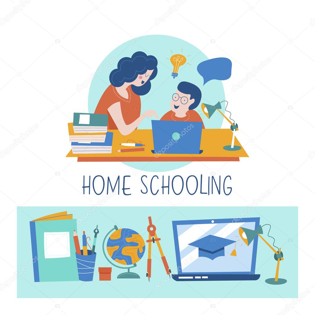 Home schooling. Mom helps the child learn. Education in comfortable conditions. Set of vector icons. Vector illustration in flat style.
