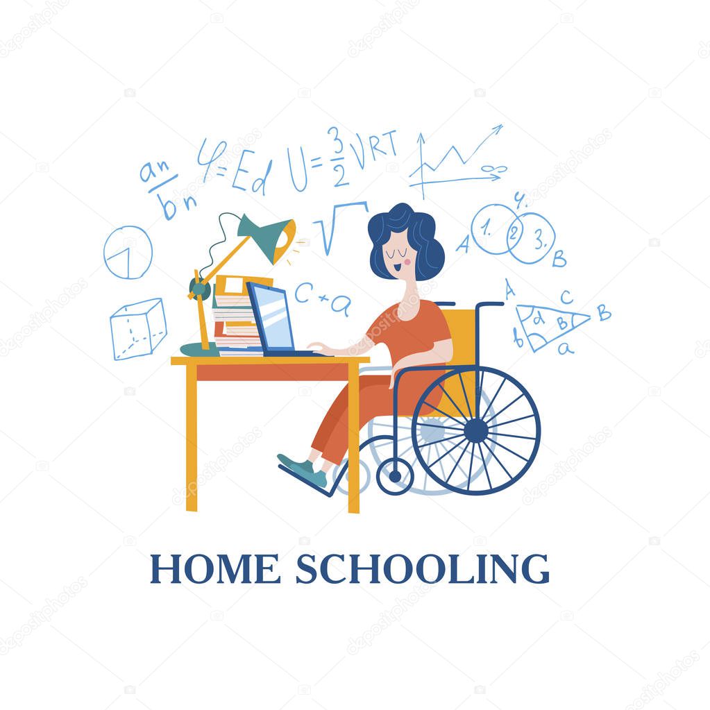 Home schooling. The girl is a disabled person in a wheelchair gets his education at home. Learning online. Vector illustration. The concept of homeschoolin