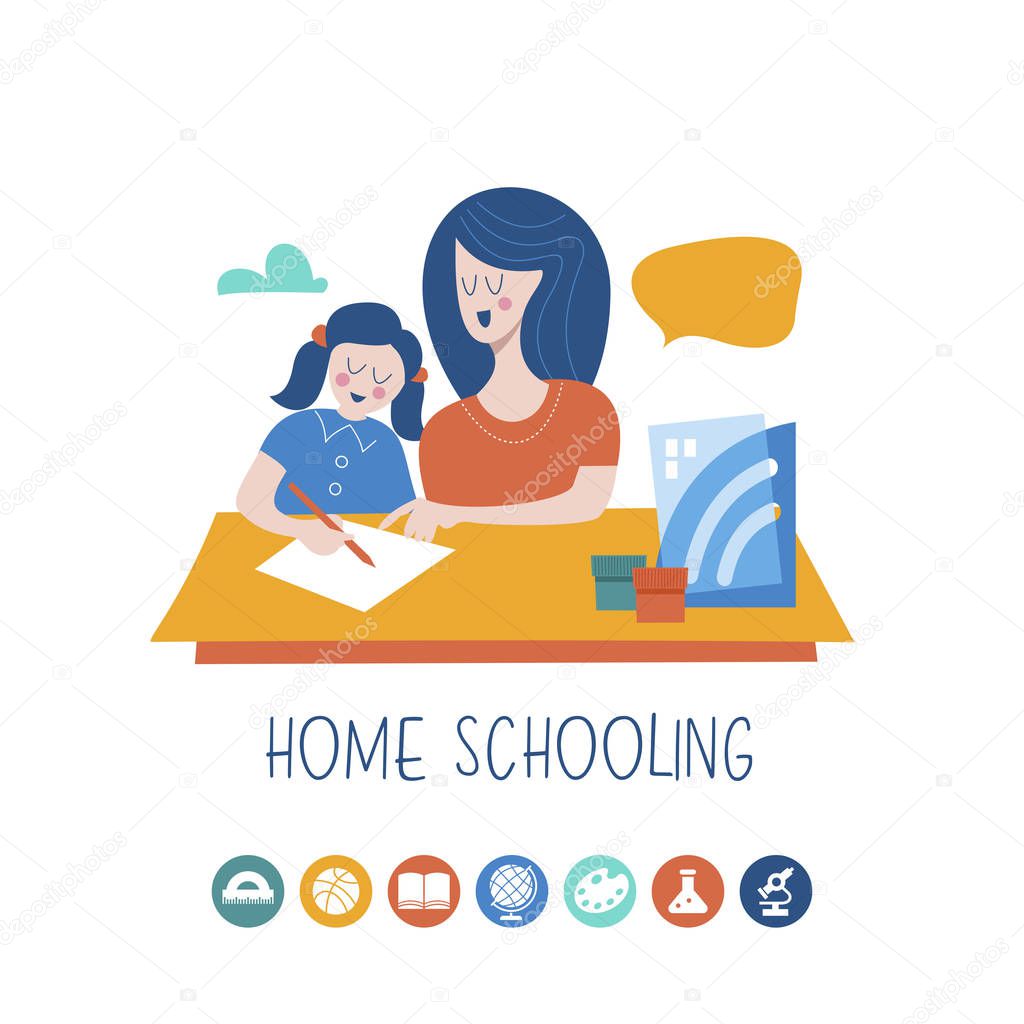 Home schooling. Mom helps the child learn. Education in comfortable conditions. Set of vector icons. Vector illustration in flat style.